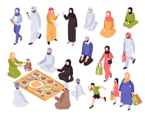 Arab family set with traditional food and shopping symbols isometric isolated vector llustration