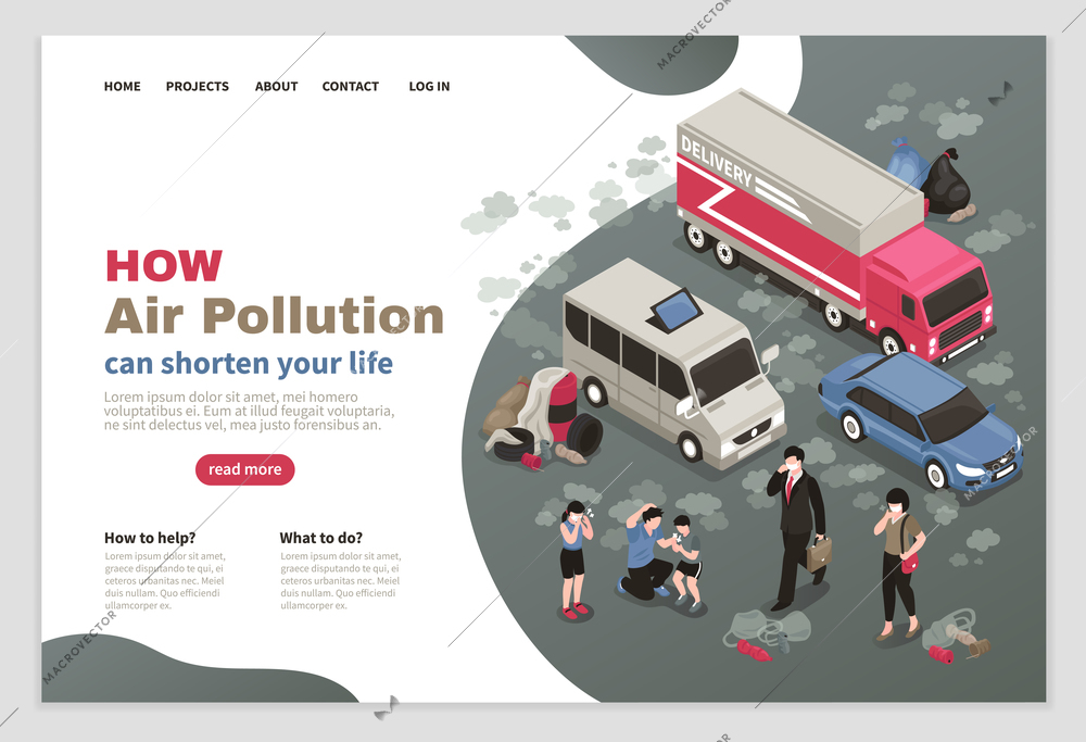 Air pollution page design with city transport symbols isometric vector illustration