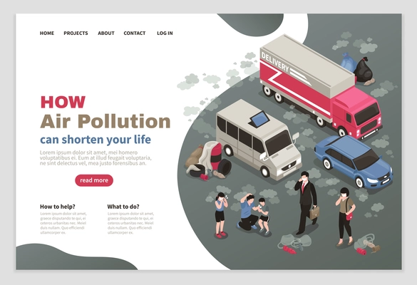 Air pollution page design with city transport symbols isometric vector illustration