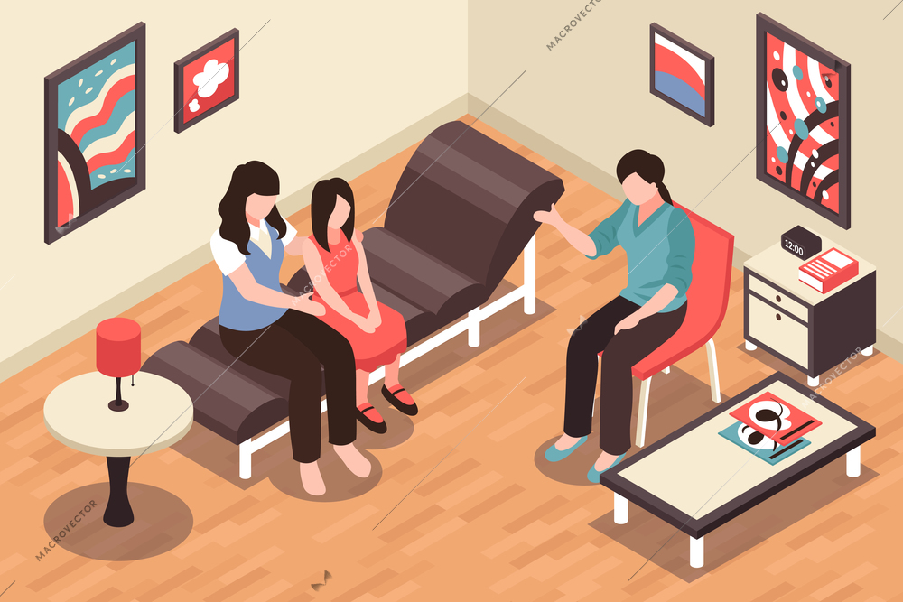 Family in depression feeling stress and sadness background isometric vector illustration