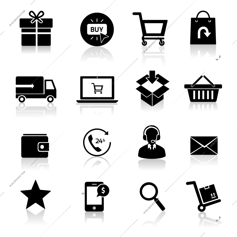 E-commerce shopping icons set of delivery support black isolated vector illustration.