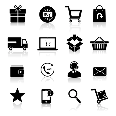 E-commerce shopping icons set of delivery support black isolated vector illustration.