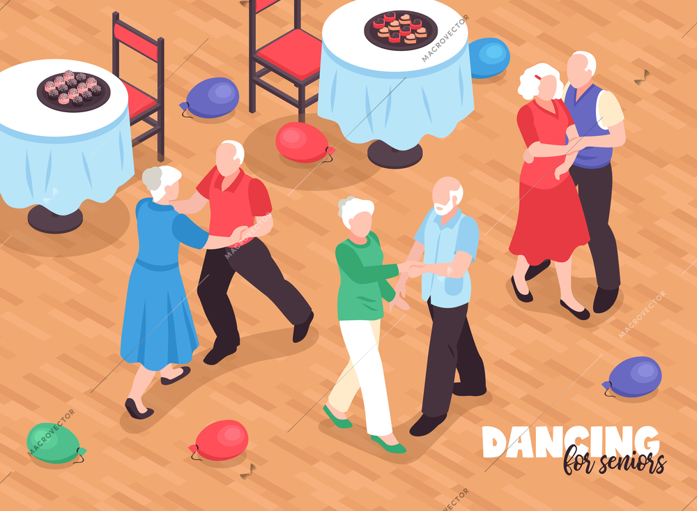 Active elderly people dancing background with active lifestyle symbols isometric  vector illustration