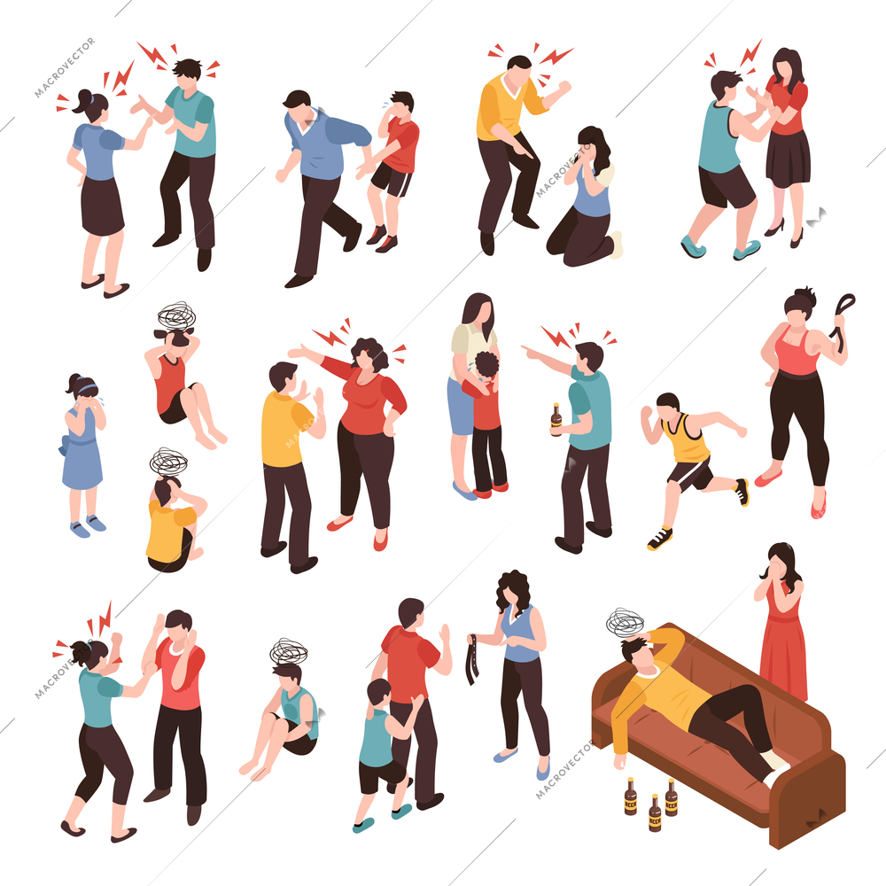 Family conflicts set with shouting and crying isometric isolated vector illustration