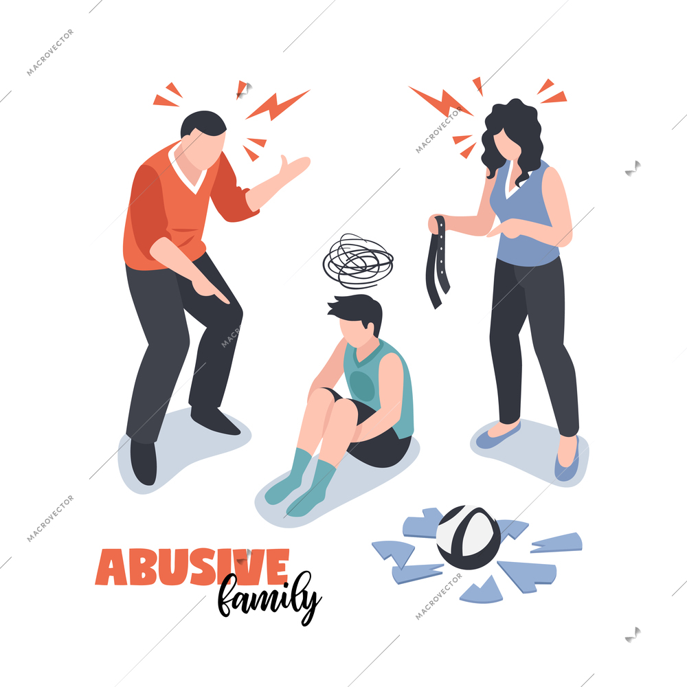 Family conflicts concept with abuse symbols isometric isolated vector illustration