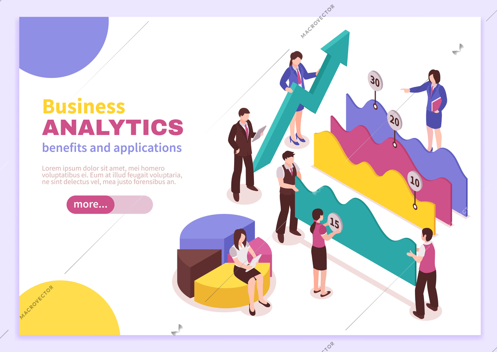 Business analyst poster with benefits and applications symbols isometric isolated vector illustration
