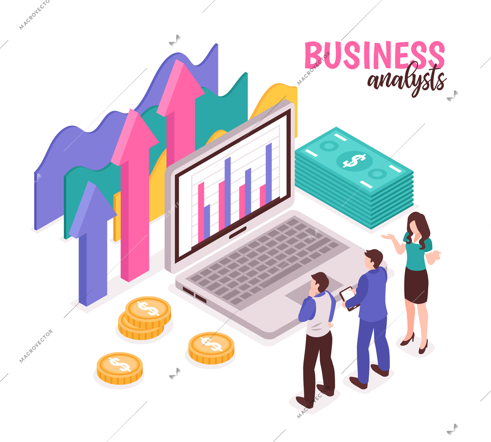 Business analyst composition with data diagrams and statistics isometric vector illustration