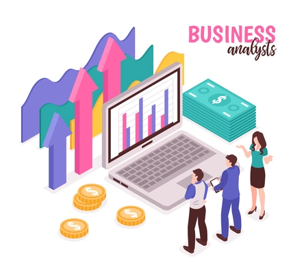 Business analyst composition with data diagrams and statistics isometric vector illustration