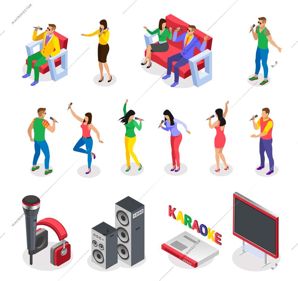 Karaoke isometric icons collection of isolated images with party people characters furniture loud speakers and text vector illustration