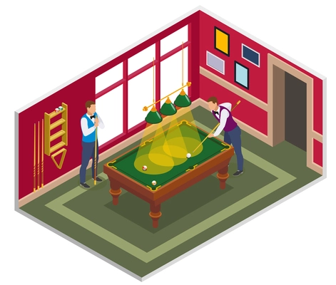 Billiards isometric composition with view of indoor billiard playing room with furniture and characters of people vector illustration