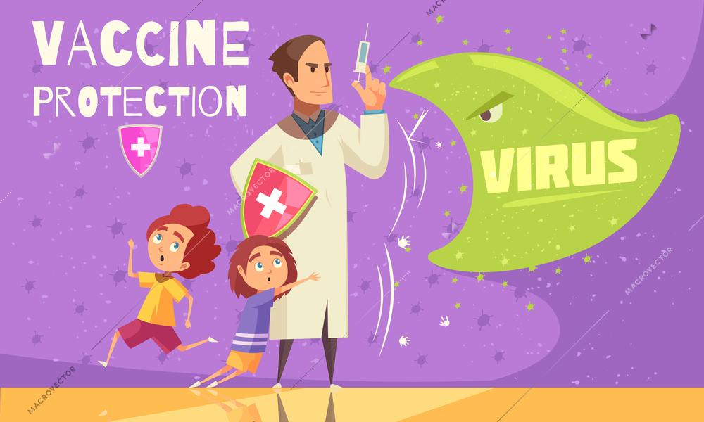 Kids vaccination against virus infections for effective disease prevention health care promotion cartoon ad poster vector illustration