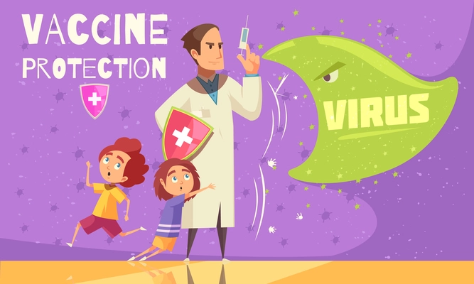 Kids vaccination against virus infections for effective disease prevention health care promotion cartoon ad poster vector illustration