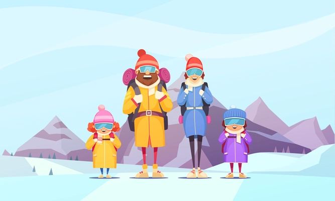 Mountaineering family winter vacation cartoon poster with father mother 2 kids against alpine mountains background vector illustration