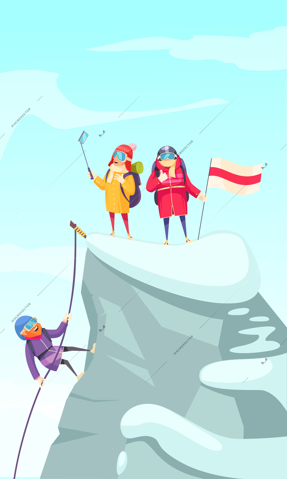 Mountaineering cartoon picture with mountain climbers ascending rock peak and making selfie on the top vector illustration