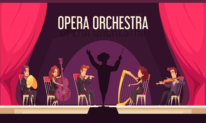 Theater opera orchestra onstage performance with violinist harpist fluitist musicians conductor red curtain flat composition vector illustration