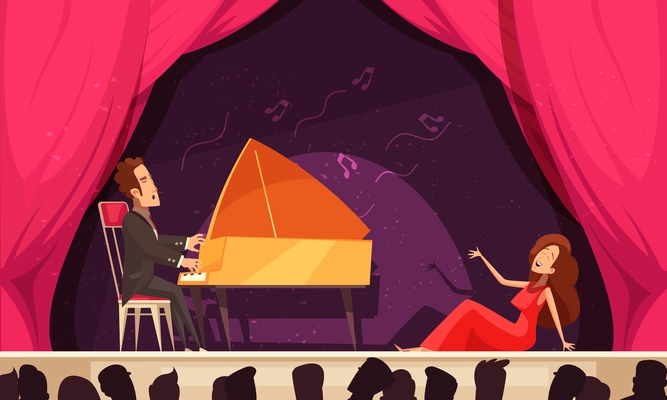 Opera theater flat cartoon horizontal composition with singer aria and pianist onstage performance audience heads silhouettes vector illustration