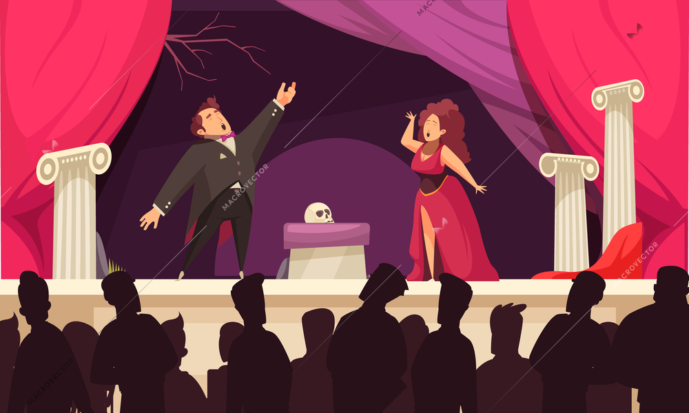 Opera theater scene flat cartoon poster with 2 singers aria onstage performance and audience silhouettes vector illustration