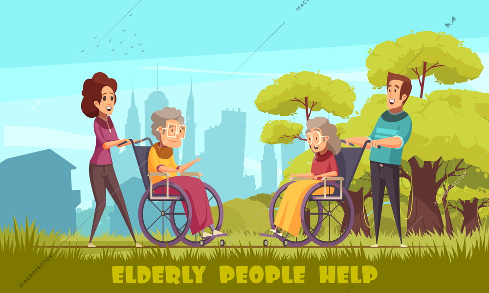 Social workers nursery home volunteers taking elderly disables people in wheelchairs outdoor flat cartoon poster vector illustration