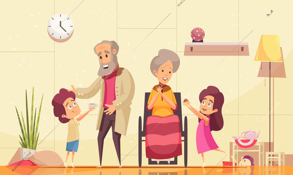 Helping elderly people home flat cartoon composition with grandchildren serving coffee cakes to old grandparents vector illustration