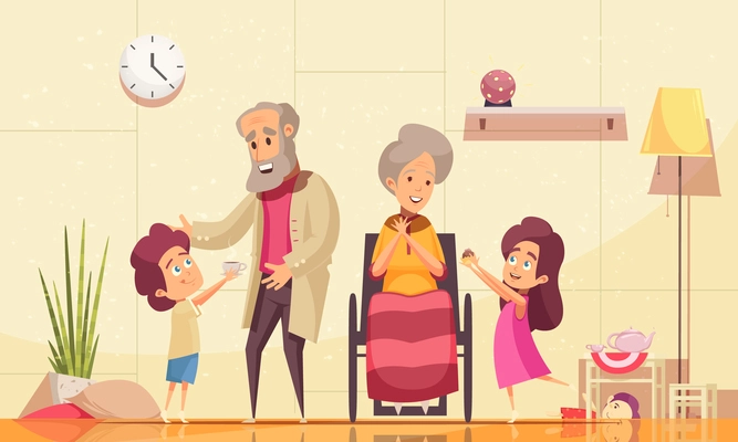 Helping elderly people home flat cartoon composition with grandchildren serving coffee cakes to old grandparents vector illustration