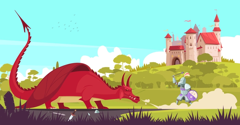 Medieval legendary knight warrior fighting fierce dragon near castle to save princess fair tale cartoon vector illustration