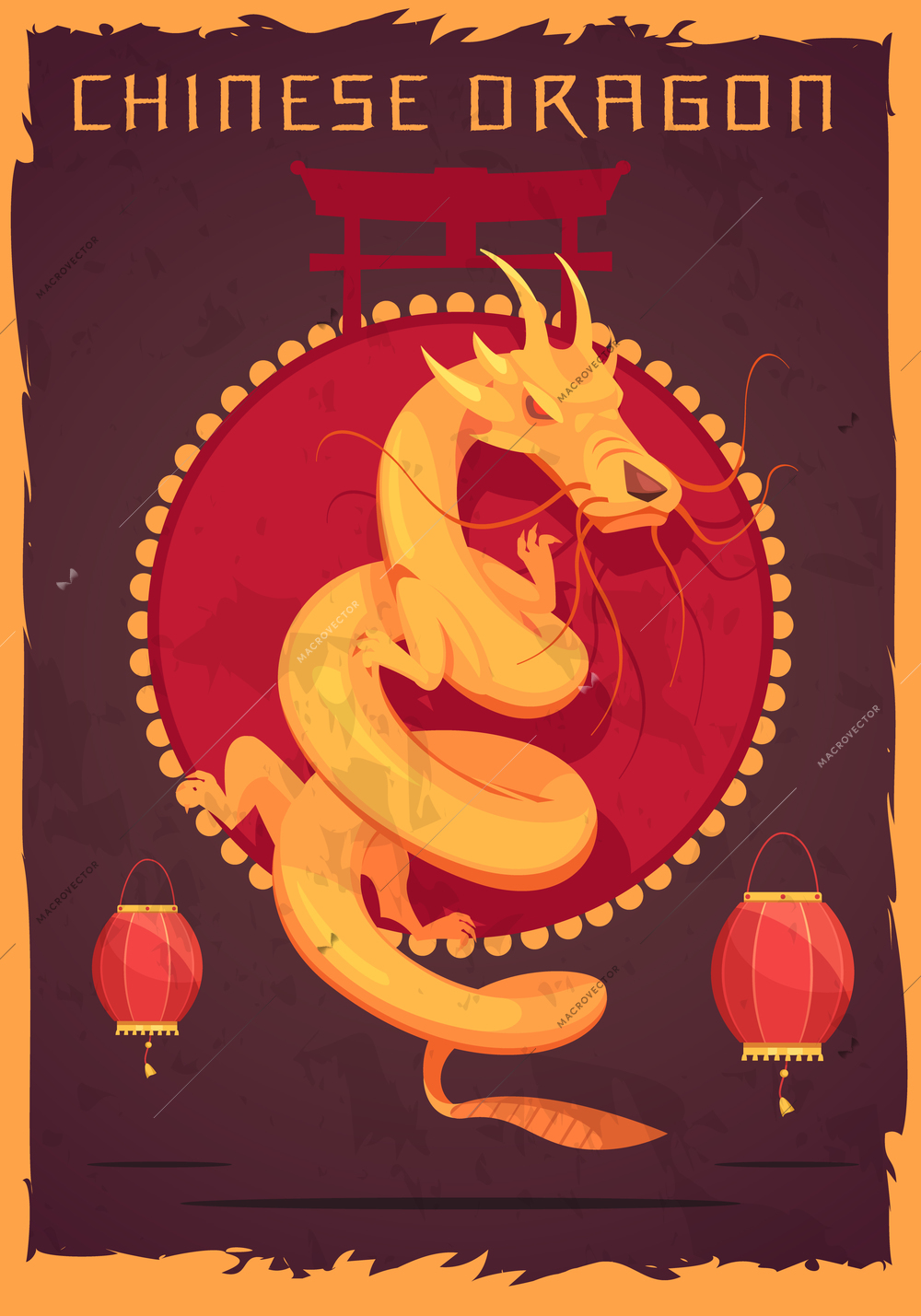 Traditional chinese dragon strength power symbol poster print tapestry wall decoration with red lanterns colorful vector illustration