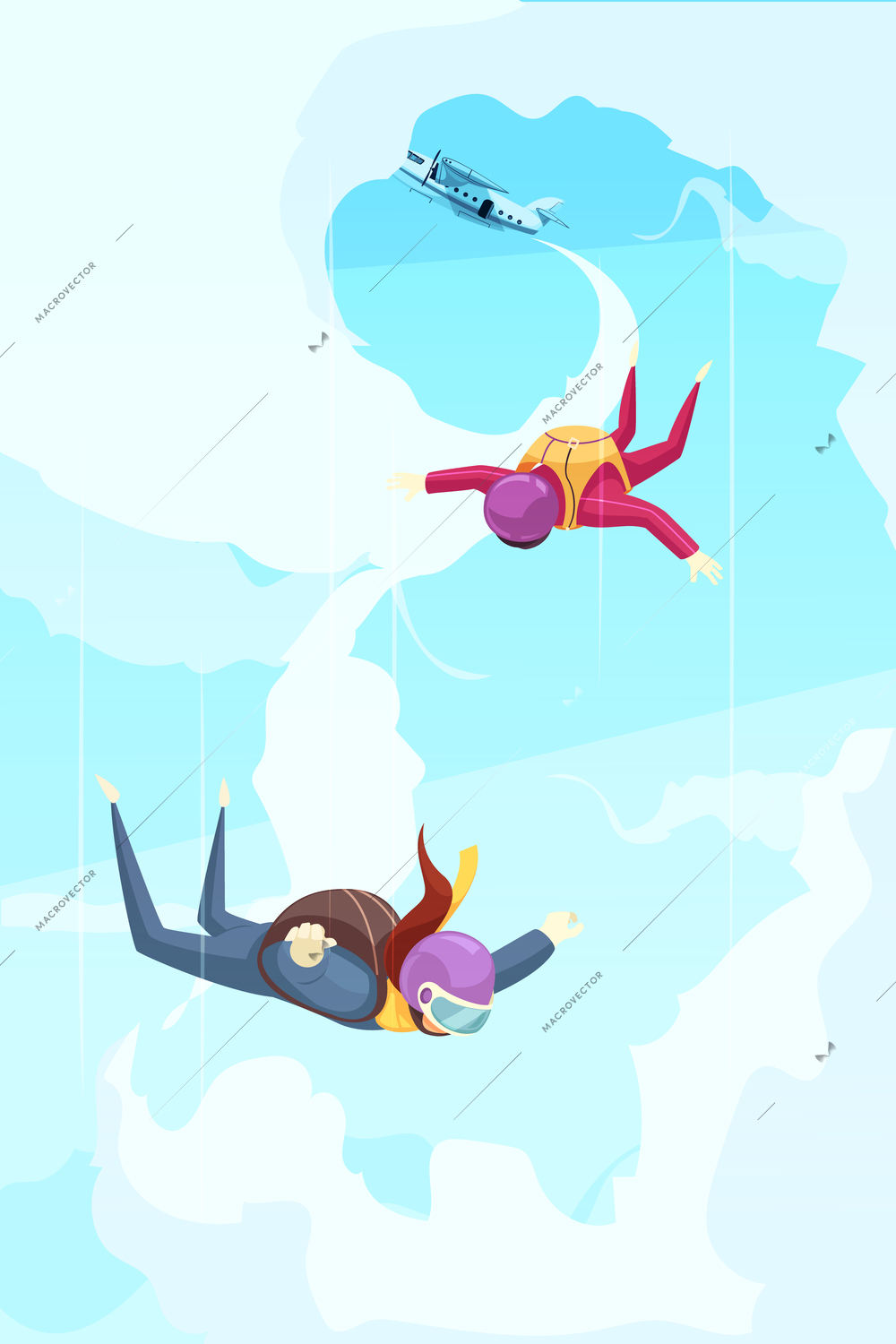 Skydiving extreme sport adventure flat abstract poster with participants jumping from airplane free fall stage vector illustration