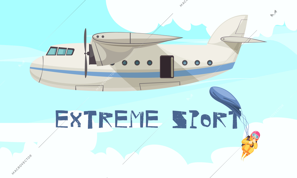 Extreme skydiving sport jump from airplane flat advertising poster with departing plane free fall stage vector illustration