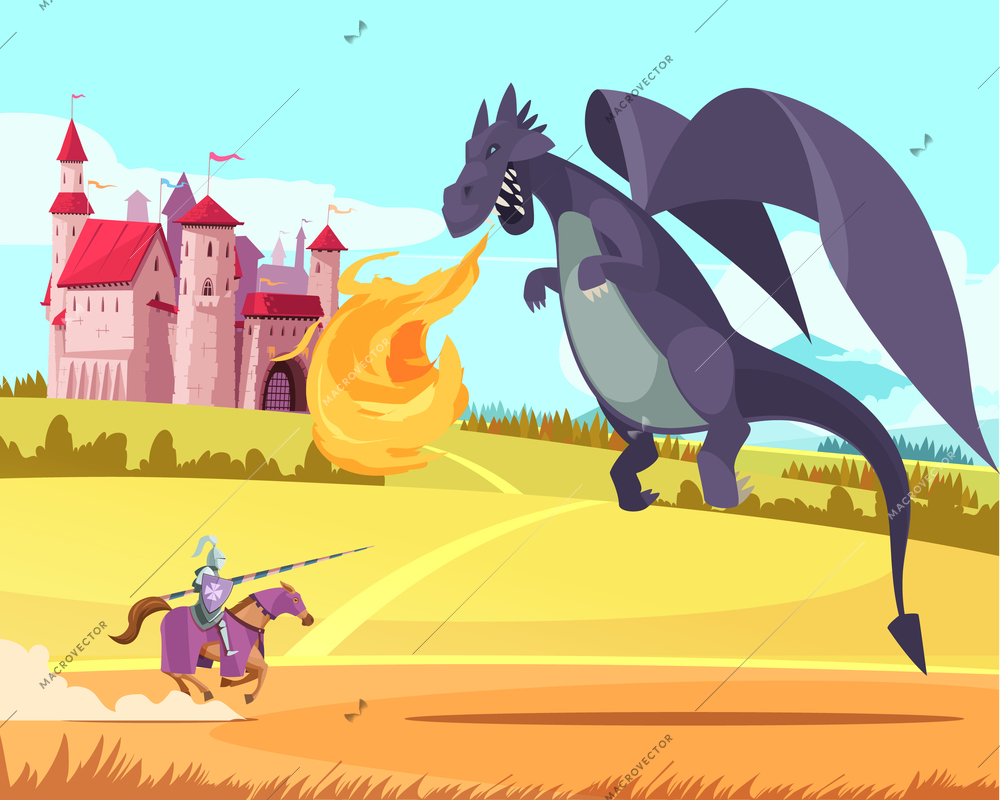 Hero knight ridder fighting fierce huge fierce dragon in front of medieval kingdom castle cartoon vector illustration