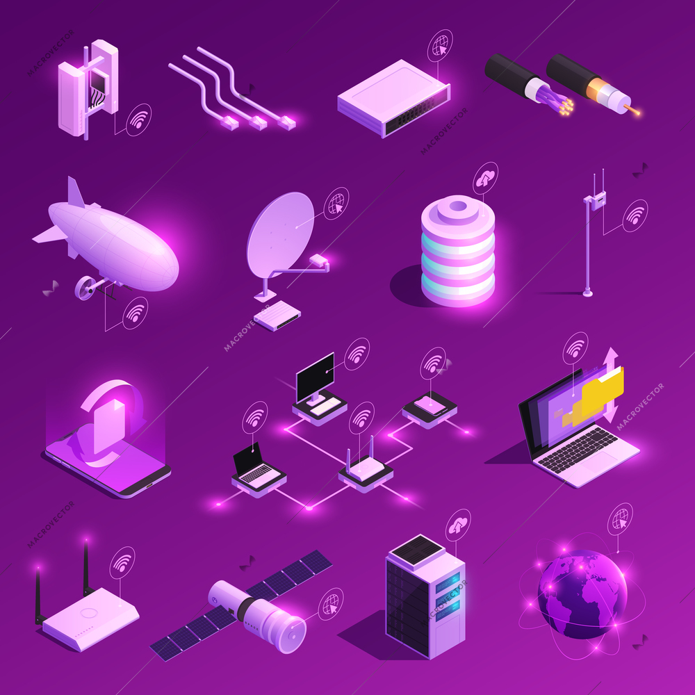 Global network isometric glowing icons of equipment for internet technology isolated on purple background vector illustration