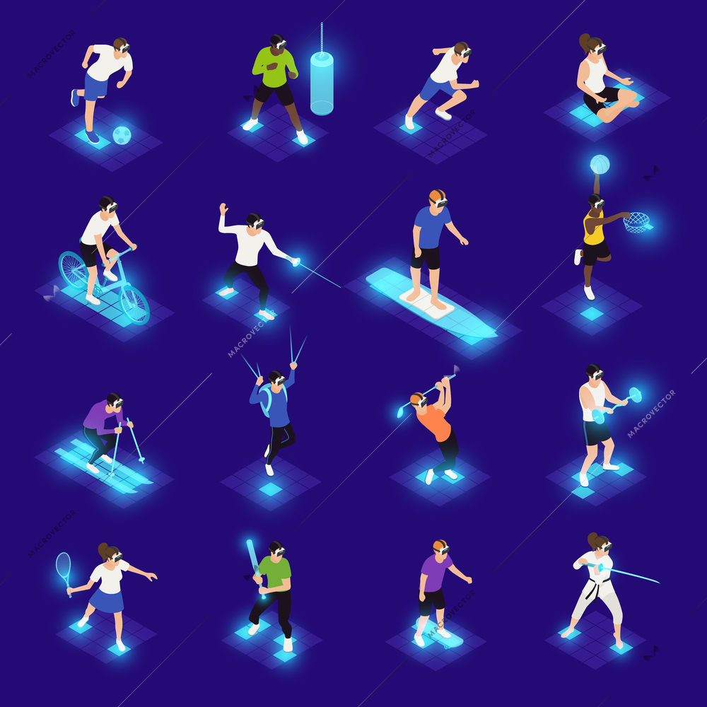 Human characters in vr glasses during various sports activity isometric icons on blue background isolated vector illustration