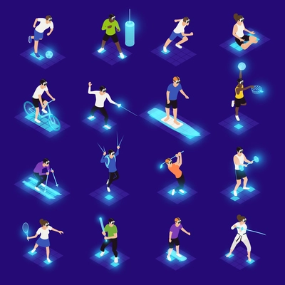 Human characters in vr glasses during various sports activity isometric icons on blue background isolated vector illustration