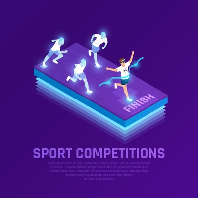 Man in vr glasses and virtual athletes during sport running competition isometric composition purple background vector illustration