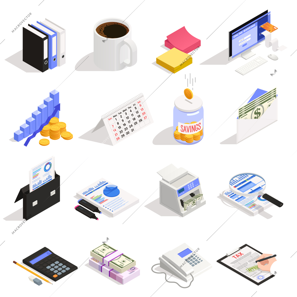 Accounting set of isometric icons with money savings online banking tax calculation and documentation isolated vector illustration