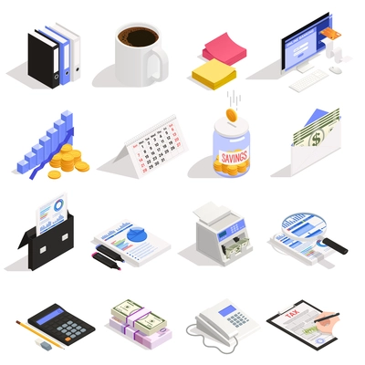 Accounting set of isometric icons with money savings online banking tax calculation and documentation isolated vector illustration