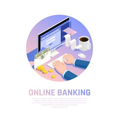 Accounting isometric round composition with online banking for income and payment vector illustration