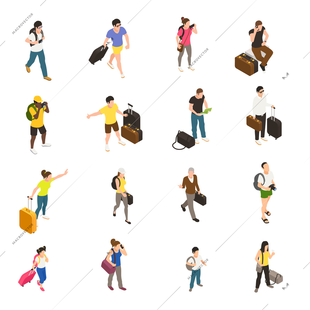 People with baggage and gadgets during travel set of isometric icons on white background isolated vector illustration