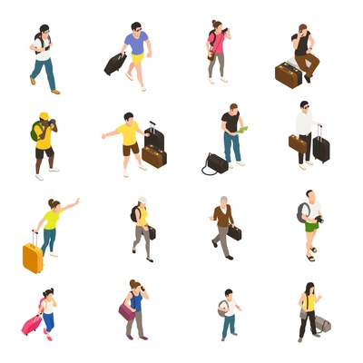 People with baggage and gadgets during travel set of isometric icons on white background isolated vector illustration