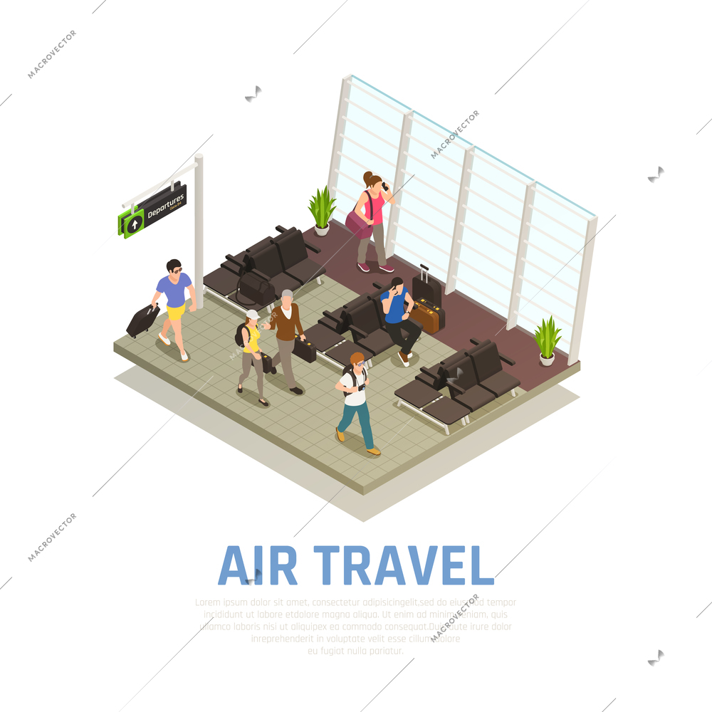 Air travel isometric composition of people with baggage in waiting zone of airport terminal vector illustration