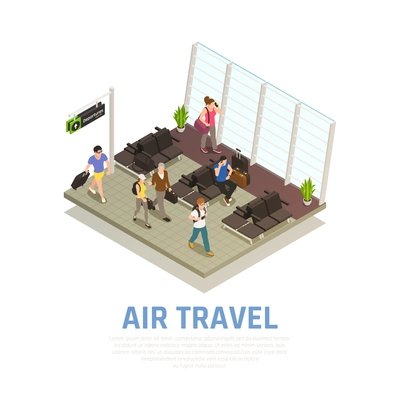 Air travel isometric composition of people with baggage in waiting zone of airport terminal vector illustration
