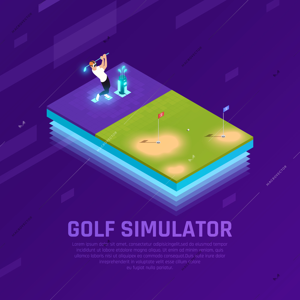 Man in vr headset during training on golf simulator isometric composition on purple background vector illustration