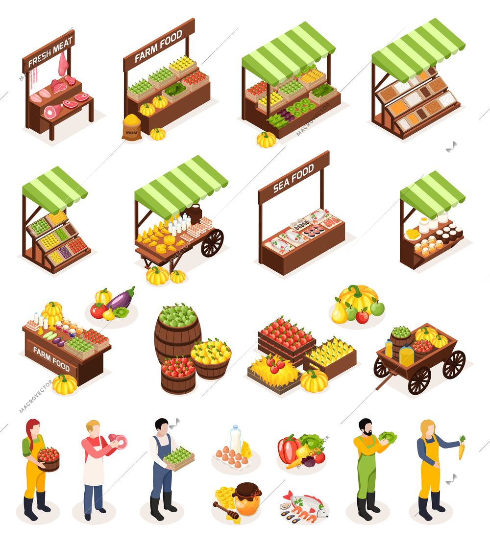 Farmer market isometric icons set of counters boxes casks with fresh meat fruits vegetables dairy and sea produce vector illustration