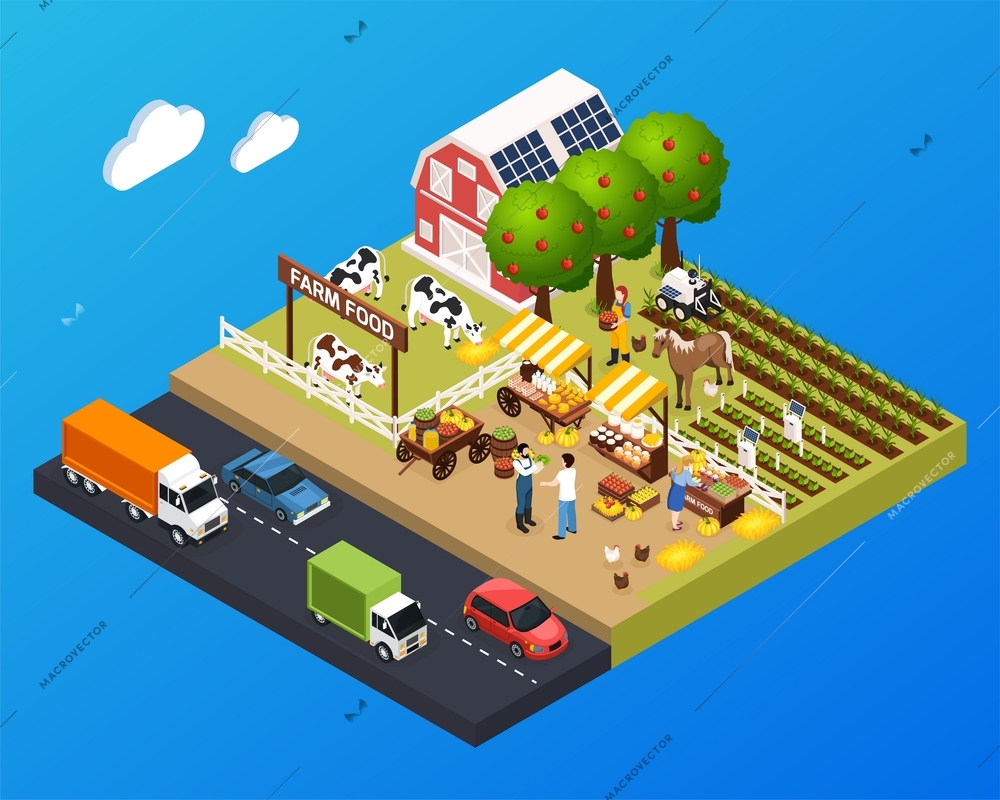 Agriculture landscape isometric background with barn house and farmer market and farm food signboard vector illustration