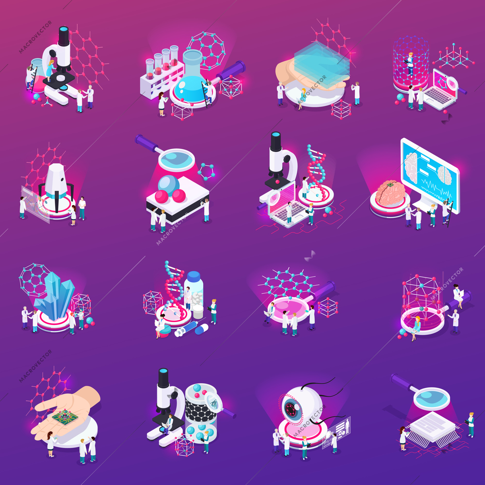 Nanotechnology isometric icons set if laboratory equipment carbon nanotubes micro chip implanted in human brain mono crystalline isolated vector illustration