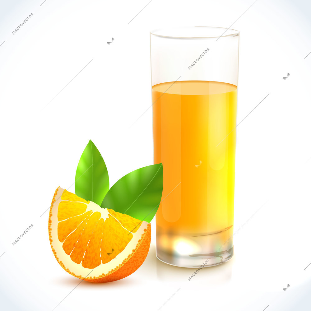 Orange juice healthy drink in glass and citrus fruit with leaf emblem vector illustration
