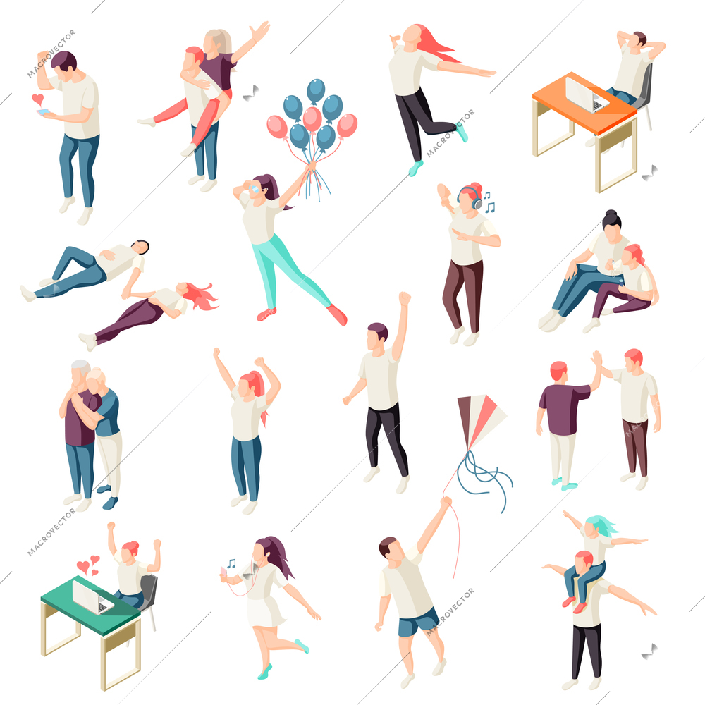 Happy people spending time together relaxing enjoying nature chat physical activity outdoor isometric icons collection vector illustration