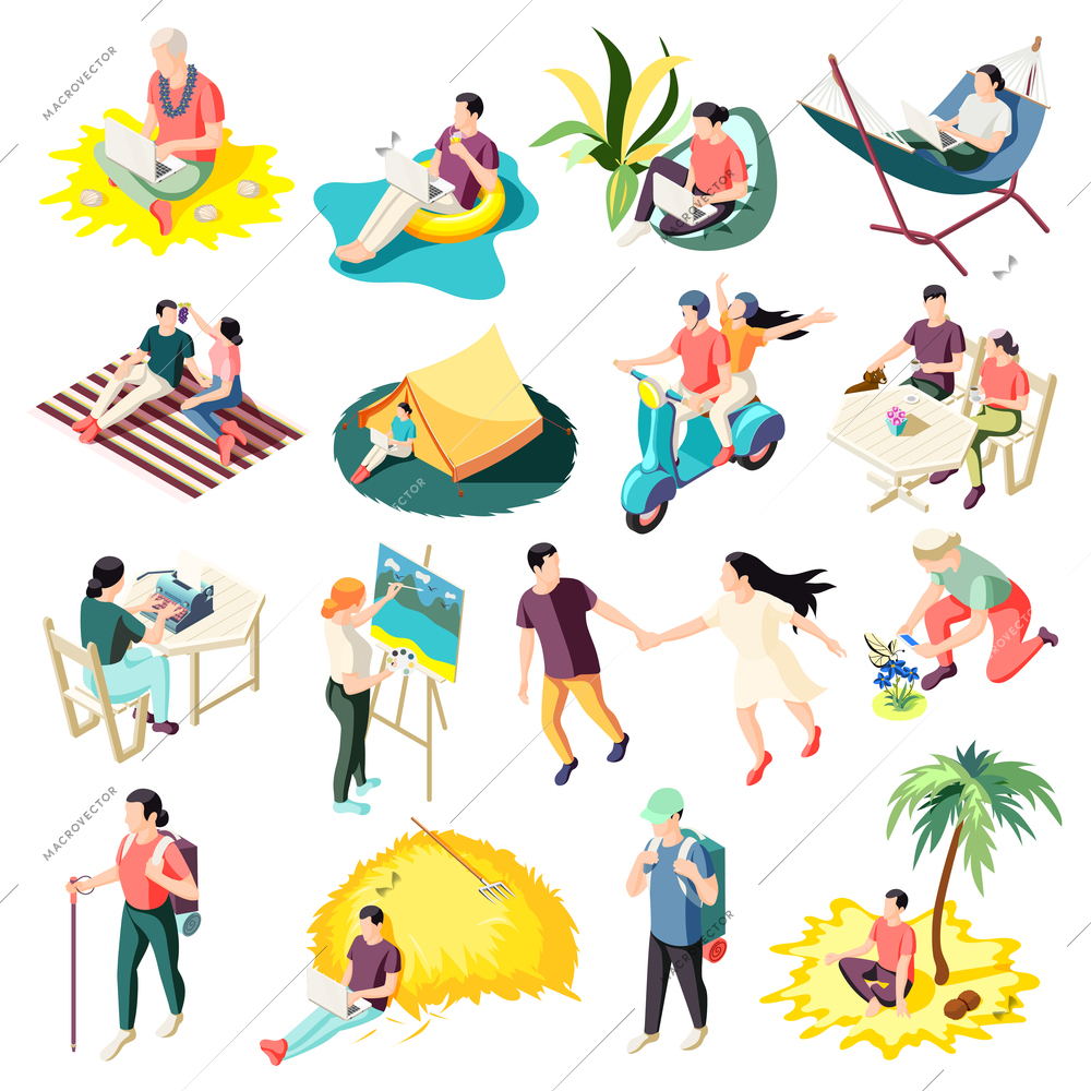 Downshifting escaping work stress relaxing people with life fulfilling career changes isometric icons collection isolated vector illustration