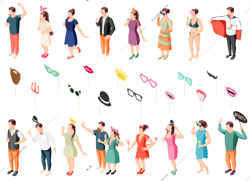 Photo booth party guests in costumes holding props isometric icons collection with eye masks lips hats vector illustration
