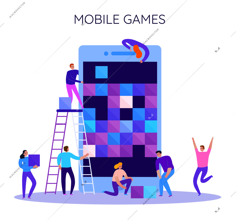 Interaction of people with smart phone during mobile game flat composition on white background vector illustration