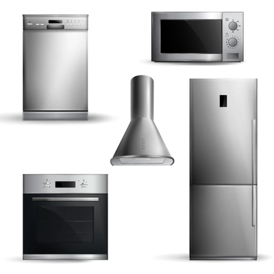 Set of realistic kitchen appliances of silver color front view on white background isolated vector illustration